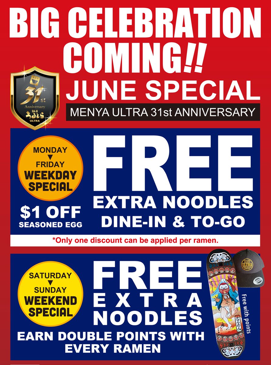 MenyaUltra's tweet image. ✨ JUNE SPECIALS ARE HERE! ✨
FREE extra fresh noodles with every ramen🍜 Plus, enjoy $1 OFF each egg topping per ramen. 
DOUBLE REWARD POINTS every weekend in June to help you get closer to earning our exclusive Menya skateboard🛹
order.menya-ultra.com
#menyaultra  #SanDiego