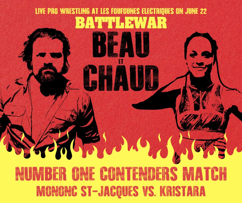 TheBATTLEWAR's tweet image. Take one of the hottest rivalries in BATTLEWAR, put them in a battle royale and what happens?
It ends in a draw.
@MathStjacques and @_kristara will settle the score on June 22 at @LesFoufs, with a guaranteed opportunity at the BATTLEWAR Championship hanging in the balance!