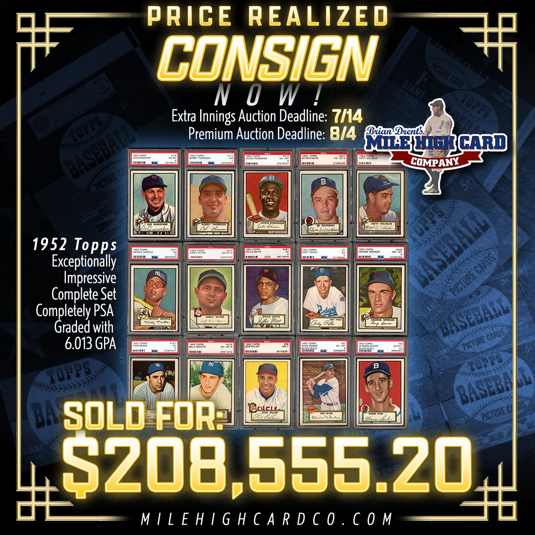milehighcard's tweet image. π SOLD! π
This seriously impressive 1952 Topps Complete Set, Completely PSA Graded (with 6.013 GPA) fetched a hefty $208,555.20 in our Spring 2025 Premium Catalog Auction! βΎπ
π¨ CONSIGN BY: π¨
July Extra Innings Auction: 7/14 β
Summer Premium Auction: 8/4 βοΈ
#MHCC #Topps