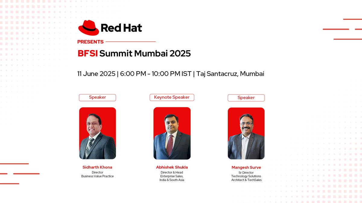 We’re kicking off BFSI Summit Mumbai 2025 with powerful keynotes from Red Hat leaders. An invite-only event packed with strategy panels, success stories &amp; live demos. 

Because tomorrow’s transformation starts today.