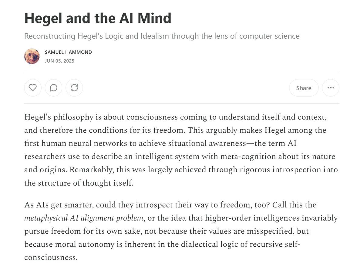 hamandcheese's tweet image. New from me: Hegel and the AI Mind
This is the first in a 2-part series mapping Hegel's system to modern concepts in computer science and machine learning.