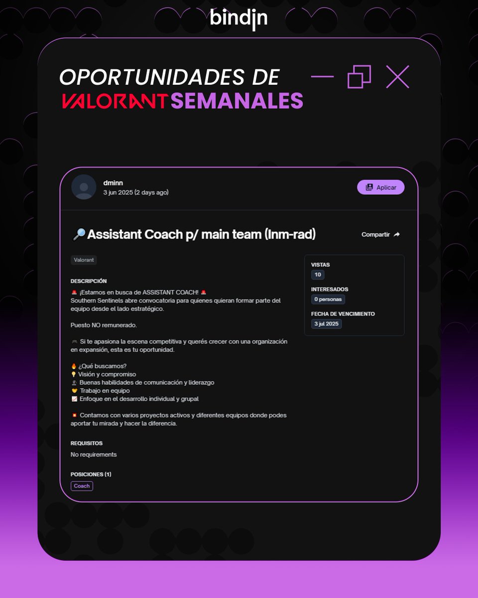 🟥OPORTUNIDADES DE VALORANT 🟥

• <a href="/Hyggeesports/">Hygge</a> busca roster de VALORANT
    🔗bindin.gg/opportunities/…

• <a href="/n0tcolo/">F/A Azara</a> busca COACH para MIX femenino. 
    🔗bindin.gg/opportunities/…

• <a href="/SentinelsSHT/">Southern Sentinels</a> busca ASSISTANT COACH!
   🔗bindin.gg/opportunities/…

👍👍👍