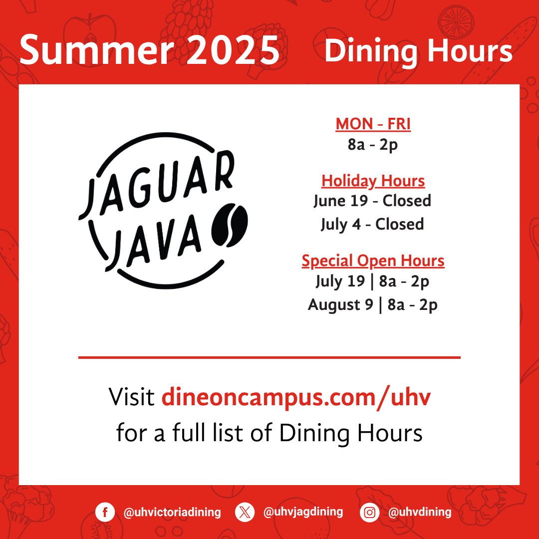 tamuvdining's tweet photo. 🐆 Welcome back Jaguars! Swipe left to view our Summer Dining Hours or visit https://t.co/cy4WI7hTA9 for full updates. https://t.co/LTxuud4Nn1
