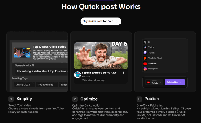 shedntcare_'s tweet photo. @spikexAI 3. QuickPost – Publish Smarter, Not Harder 

1️⃣ Upload your video or drop a YouTube link 
2️⃣ AI generates optimized titles, descriptions &amp; tags 
3️⃣ One-click publish – all inside Spikex 
No switching tabs. No extra tools. Just speed. https://t.co/GdPn8P5BpU