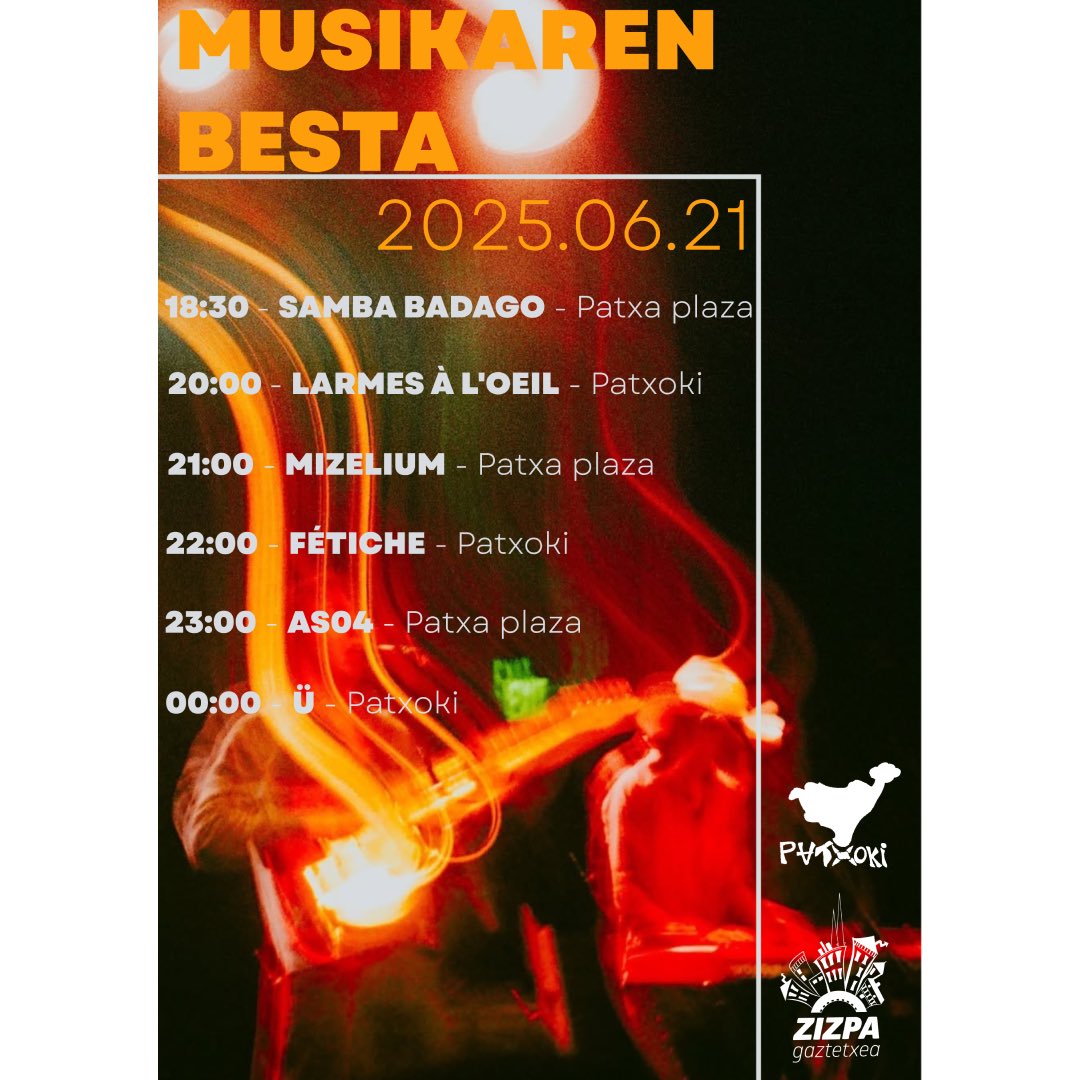 [EUS] Musikaren pesta heldu zaigu 💃🕺
~Ekainaren 21ean Patxa plaza eta patxoki bete ditzagun ✨

[FR] La fête de la musique arrive !
~Le 21 Juin vient profiter de la musique à la place
Patxa et au Patxoki!