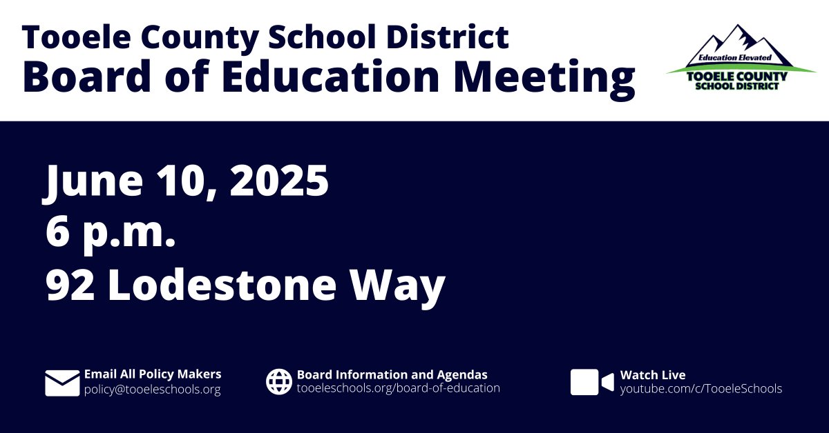 Join us on June 10 at 6 p.m. for the Board of Education Meeting at the Tooele County School District office, 92 Lodestone Way, Tooele. Watch live at youtube.com/@TooeleSchools. The agenda is available at tooeleschools.org/board-of-educa…
