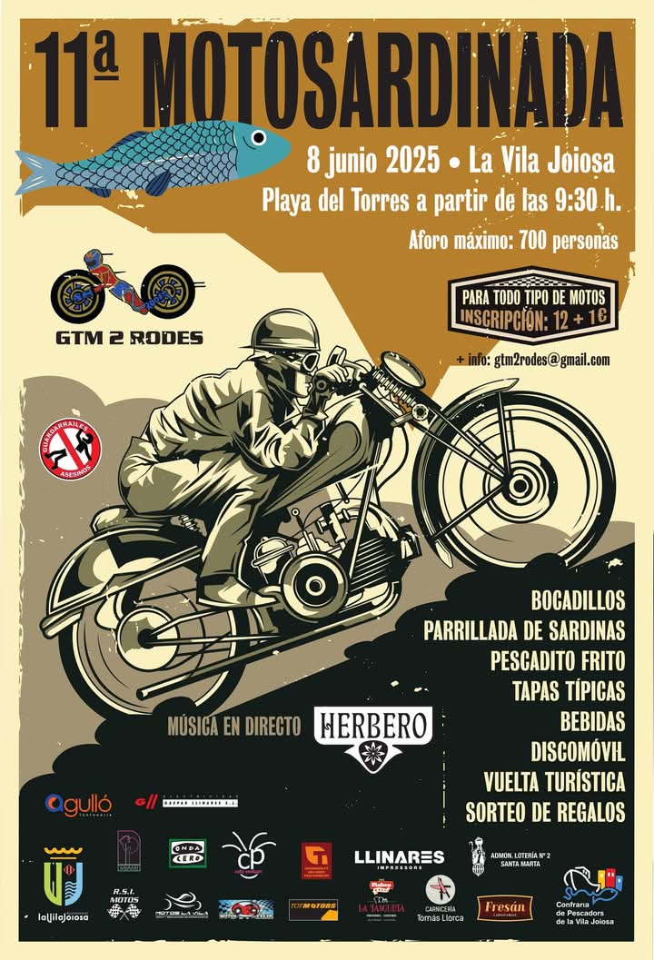 🏍️ 🐟Llega la MOTOSARDINADA
Este domingo, en la Playa del Torres a partir de las 9,30 h 
Música, bocadillos, pescadito frito,  parrillada de sardinas, tapas, bebidas, regalos, vuelta turística etc.

Te lo vas a perder ⁉️
