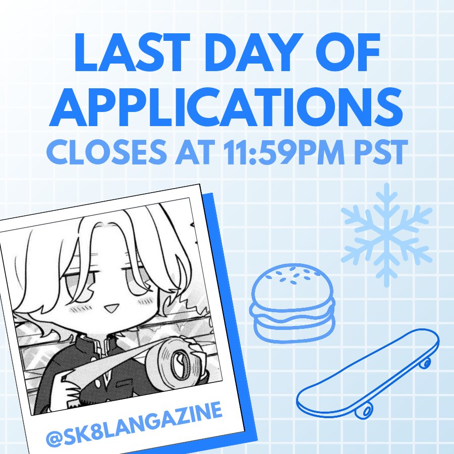 ❄️ LAST DAY OF APPS ❄️ 

Don't let this moment pass you by! If you've been thinking of applying to our zine, TONIGHT is the night! Our forms will be closing at 11:59pm PST, so just go for it! 👏🩵

Links below!