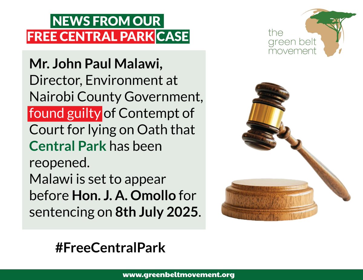 🚨 UPDATE on our #FreeCentralPark case:

Early 2025, the ELC court ordered for immediate reopening of Central Park . But Nairobi County’s Director of Environment, lied under oath that it was now open while it remains closed.
Today he was found guilty of contempt. #FreeOurParks