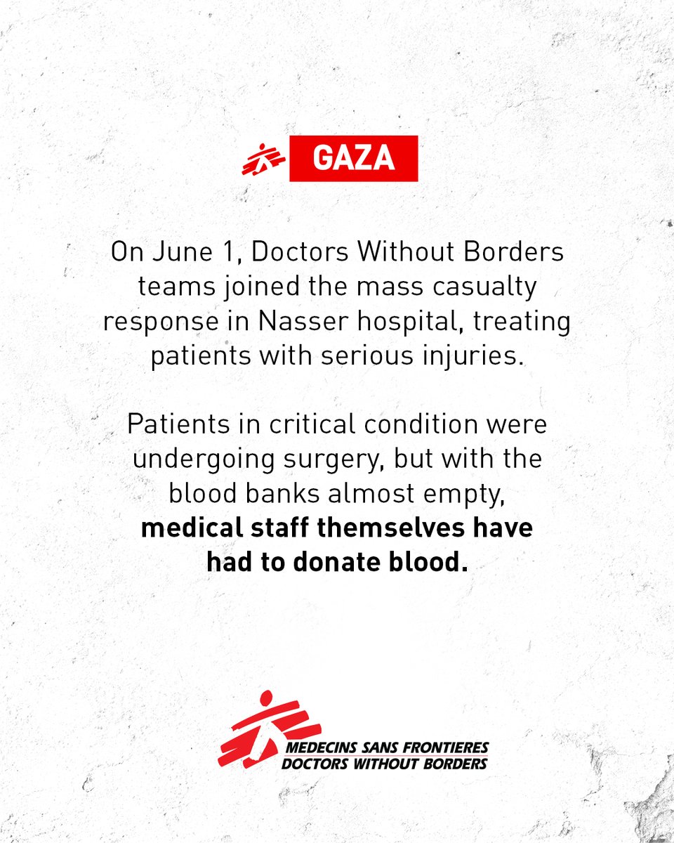 Our medical staff are donating their own blood to provide life-saving treatment for patients in #Gaza. 

Patients that were gunned down while trying to get food. 

Food for their families. 

Food to live. 

More via @reuters: reuters.com/world/middle-e…