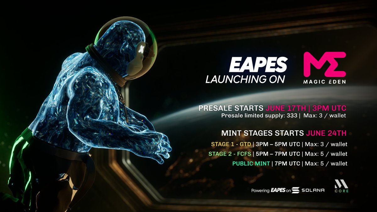 EAPES (@eapesclub) on Twitter photo 🚀 LAUNCH SEQUENCE INITIATED
The Limited Edition EAPES Collection is officially landing on Magic Eden Launchpad.
<a href="/PulsarMvX/">Pulsar MVX</a> send 333 EAPES to 333 reactions
⚡️ 3,333 unique collector NFTs
⚡️ Fully rigged 3D avatars with evolving utilities
⚡️ Future access to EAPES ISLAND, an 🚀 LAUNCH SEQUENCE INITIATED
The Limited Edition EAPES Collection is officially landing on Magic Eden Launchpad.
<a href="/PulsarMvX/">Pulsar MVX</a> send 333 EAPES to 333 reactions
⚡️ 3,333 unique collector NFTs
⚡️ Fully rigged 3D avatars with evolving utilities
⚡️ Future access to EAPES ISLAND, an