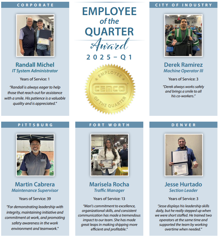 Let’s give a round of applause to our Q1 2025 Employees of the Quarter! 👏

These team members have gone the extra mile—showing dedication, delivering results, and making a positive impact across their locations. We’re proud to recognize their contributions! #CEMCOSteel