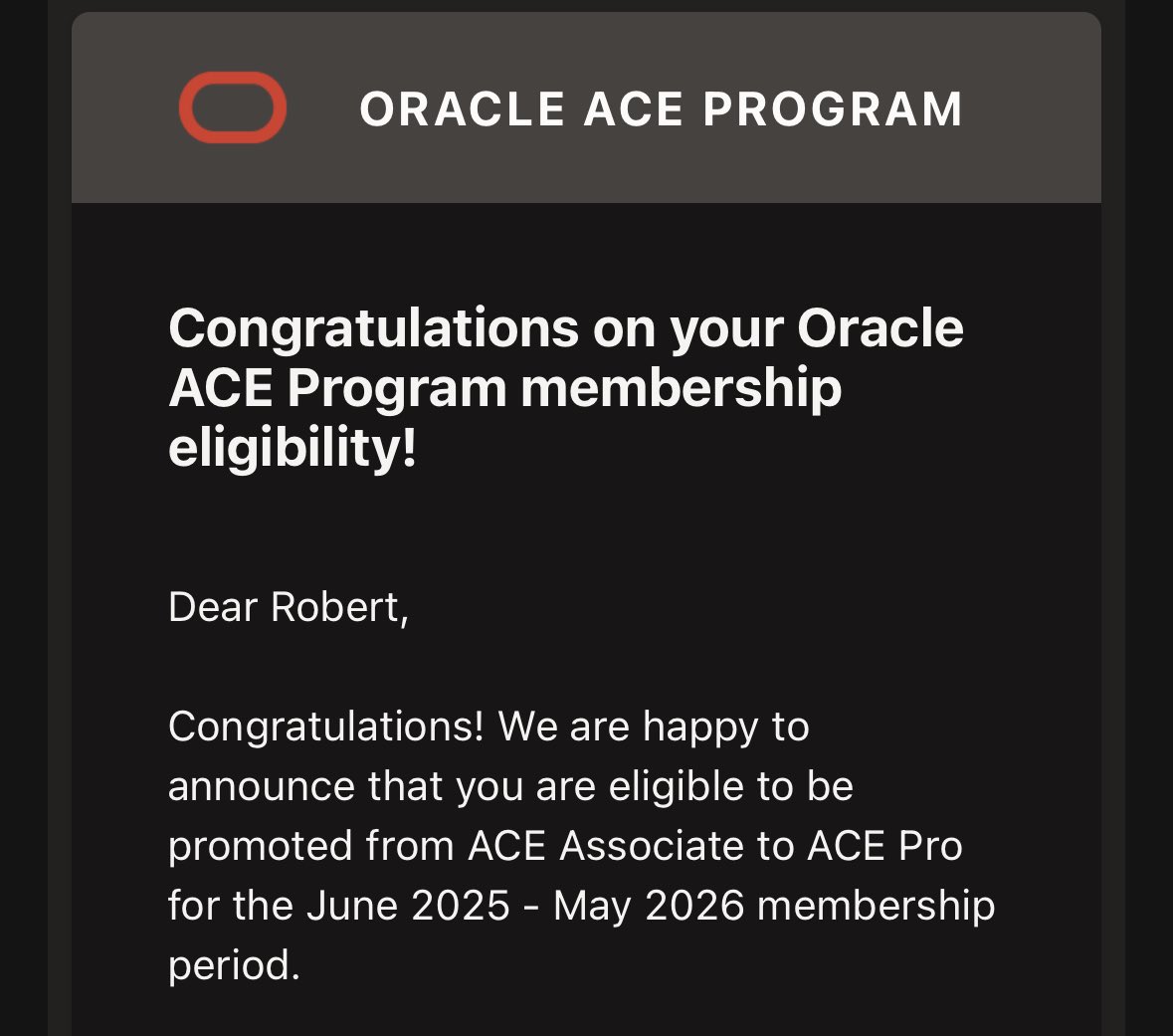 Today I got promoted back to #ACEPro level, after Groundbreaker Ambassador program got discontinued and the birth of my son in 2021. This will be my 10th year in the program. 

Thanks <a href="/oracleace/">Oracle ACE Program</a> program.
