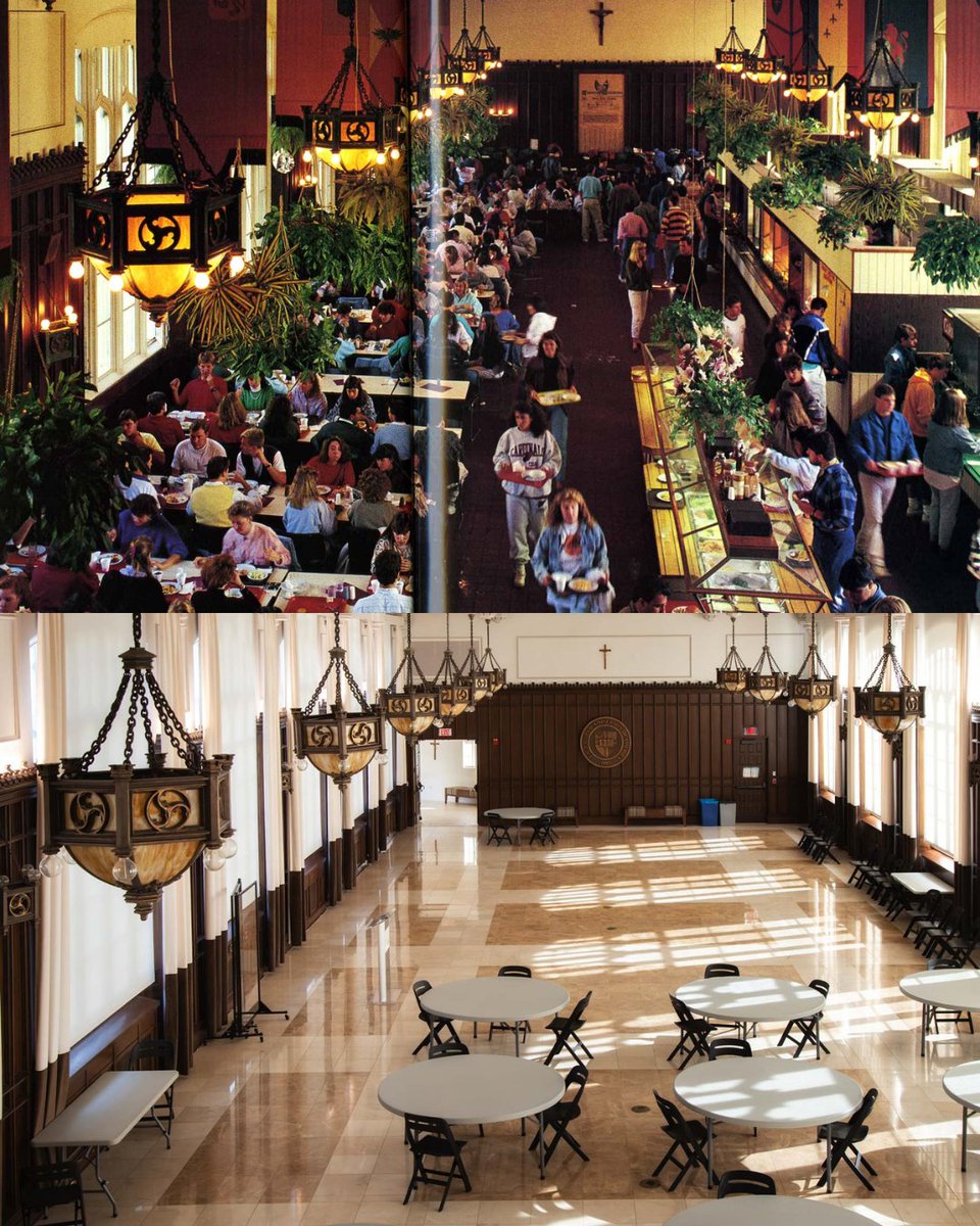 Then vs. now: Heritage Hall in Fr. O’Connell Hall has was our old dining hall!

Once a bustling cafeteria in the 1980s — complete with salad bars, food stations, and an impressive jungle of indoor plants — the space was restored in the early 2000s to reflect its original 1930s