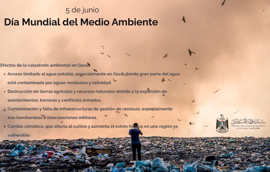 #Día Mundial del Medio Ambiente - 
Hoy, 5 de junio, nos unimos al mundo entero para conmemorar una fecha que nos recuerda que la salud del planeta es responsabilidad de todos. 
El Día Mundial del Medio Ambiente llega mientras el pueblo palestino sigue enfrentándose a una