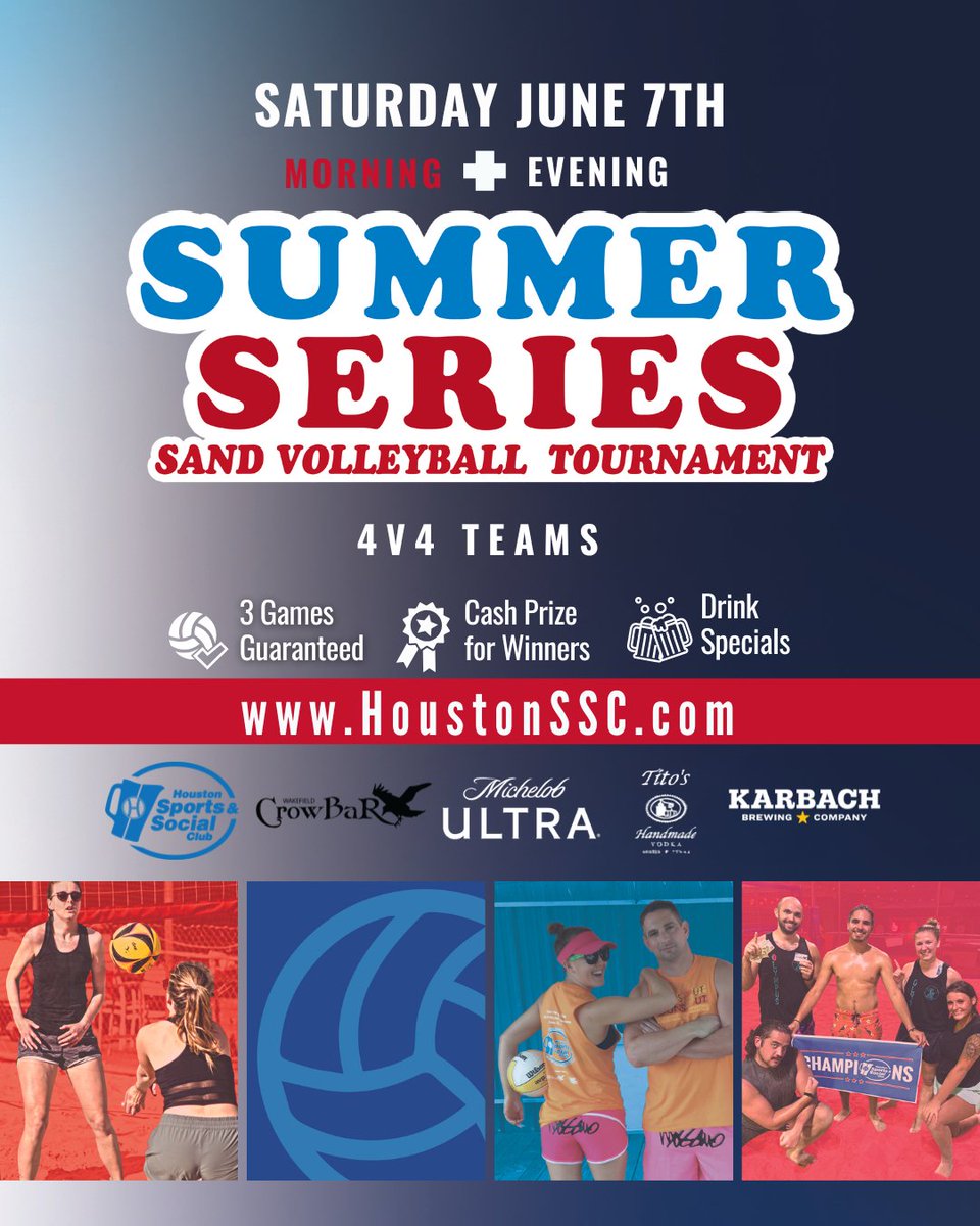 HoustonSSC's tweet image. Bump, set, spike your way into summer. The first tourney in our Summer Series is coming to Wakefield Crowbar on June 7 and we've got day AND night tournaments to keep you cool while you play. Lock in your spot today and let's get to work: bit.ly/4lXJw9X