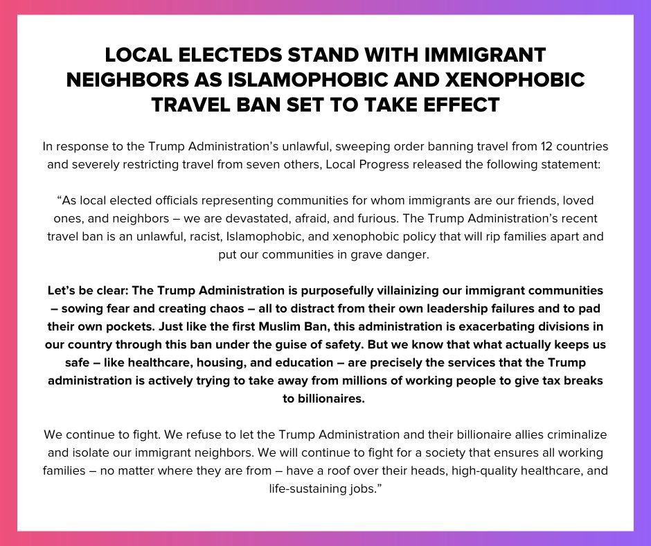 The Trump Admin’s new travel ban is an unlawful, racist, Islamophobic, and xenophobic policy that will rip families apart and put our communities in grave danger.

We are devastated, afraid, and furious. But we are not backing down.

Full statement: localprog.org/NoRacistTravel…