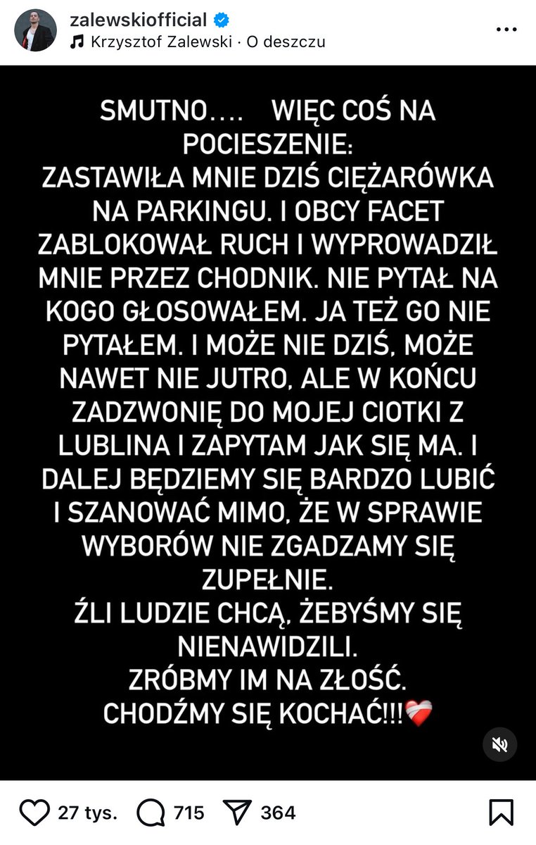 JakubRoskosz's tweet photo. Pan Zalewski (ten muzyk) na koncercie nie tak dawno krzyczał „Jeb** PiS i Konfederację”, a teraz pisze na Instagramie, że „źli ludzie chcą, żebyśmy się nienawidzili”. Podpalacz narzeka, że się pali. https://t.co/78R2y42cqO