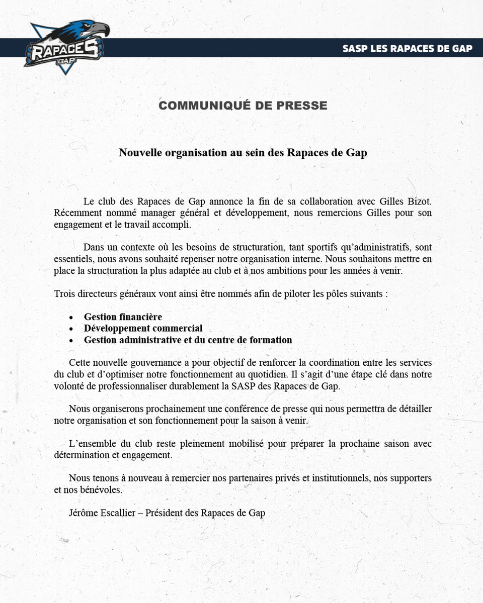 Jérôme Escallier a souhaité prendre la parole au sujet de l'organisation du staff administratif des Rapaces de Gap  🎙️

#wearerapaces