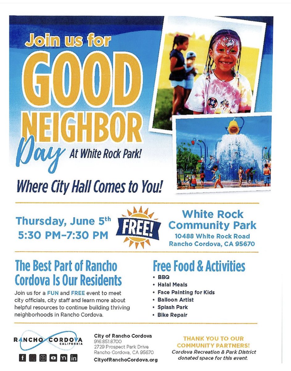 Come out and visit RCPD and the City of Rancho Cordova at Good Neighbor Day at White Rock Park tomorrow, June 5th from 5:30-7:30 PM. We will be on hand to meet our community, answer questions, &amp; develop new partnerships and friendships with those we serve!🤝