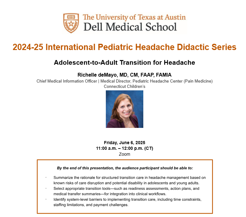 Pediatric Neurosciences at Dell Children’s (@pedneuroscience) on Twitter photo Don't miss the International Pediatric Headache Didactic Series Friday at 11 am CT! Richelle deMayo, MD, of <a href="/ctchildrens/">Connecticut Children's</a> will be discussing adolescent-to-adult transition for #headache. Register now: bit.ly/3v7FdQt
#IPHDS Don't miss the International Pediatric Headache Didactic Series Friday at 11 am CT! Richelle deMayo, MD, of <a href="/ctchildrens/">Connecticut Children's</a> will be discussing adolescent-to-adult transition for #headache. Register now: bit.ly/3v7FdQt
#IPHDS