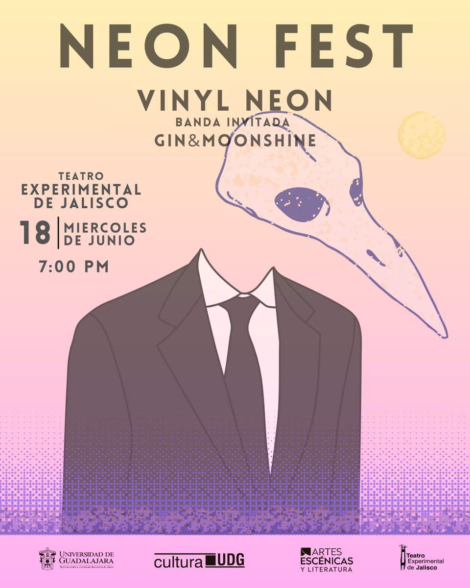 🎸 Neón Fest – Rock Alternativo con más de 5 años de energía en escena. Invitado especial: Gin &amp; Moonshine.
🗓️ Mié 18 junio | ⌛ 20 h
📍 Teatro Experimental de Jalisco
🎟️ bit.ly/3T8vjtp
🎶 Escucha su música: bit.ly/441tVPs