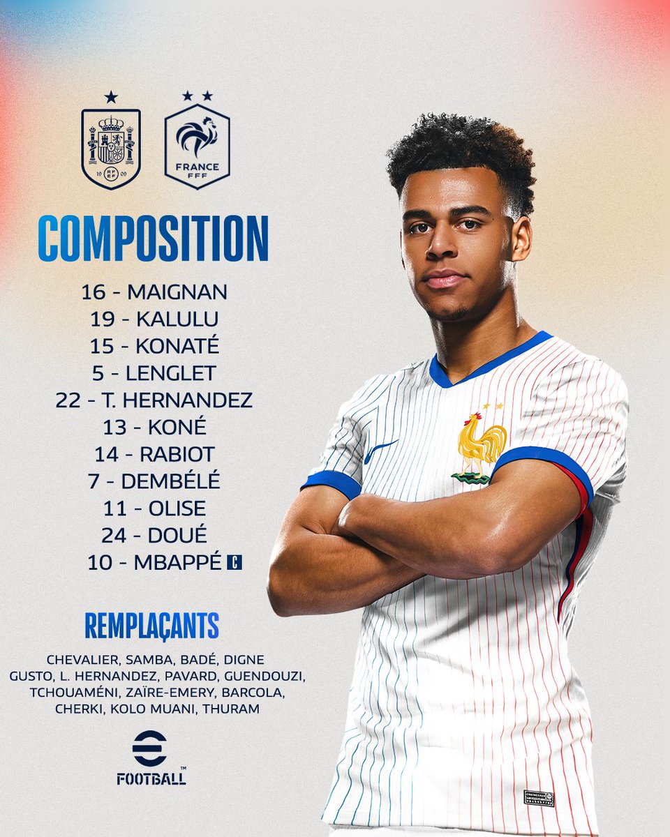 📣 Mesdames, messieurs, la composition de l’Equipe de France.
🔜 🇪🇸🇫🇷 à 21h sur <a href="/TF1/">TF1</a>  📺

 #FiersdetreBleus l  #ESPFRA