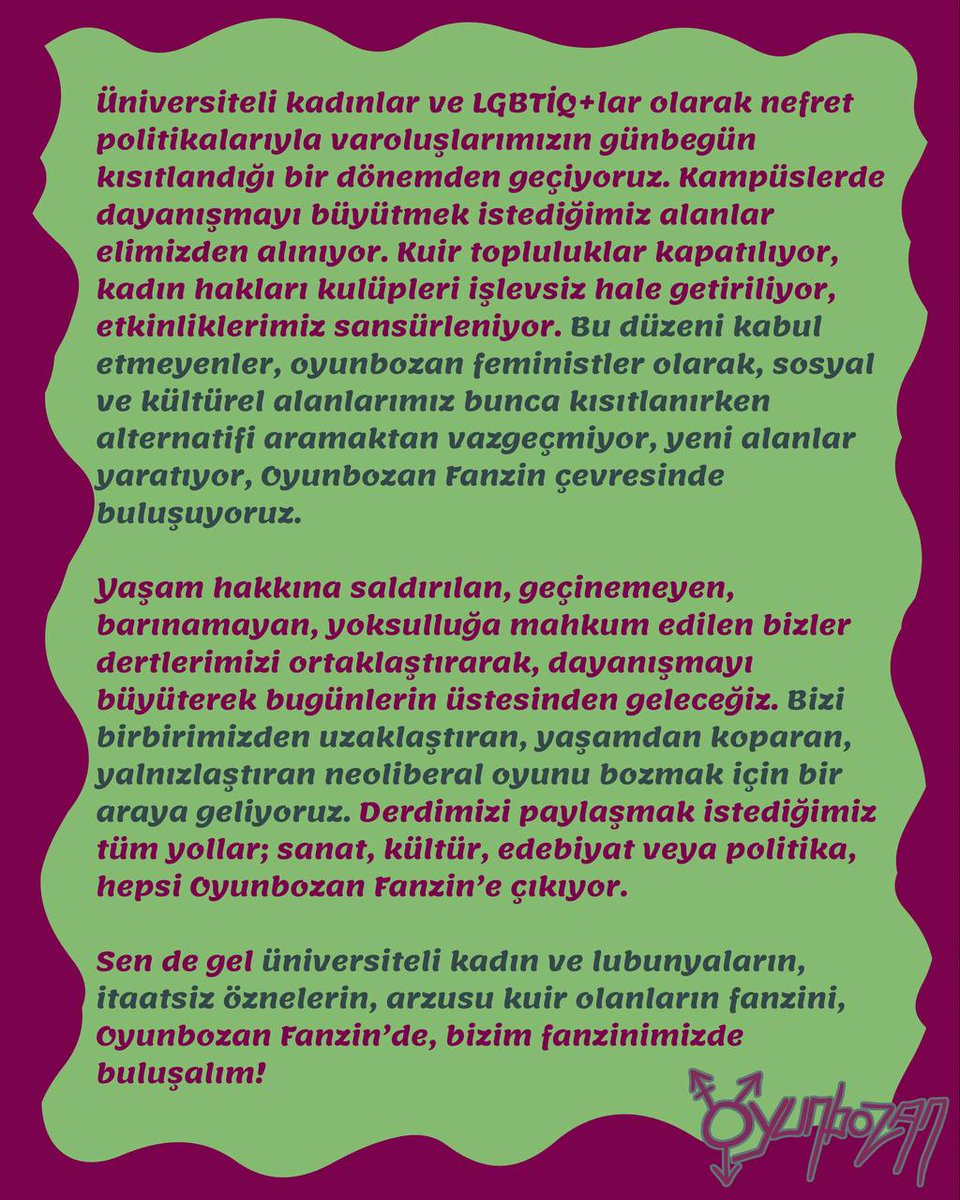 Sen de Oyunbozan'a yaz, çiz, paylaş!

Onur yürüyüşüne giderken, Oyunbozan Fanzin’de, bizim fanzinimizde buluşalım! 🏳️‍🌈🏳️‍⚧️
