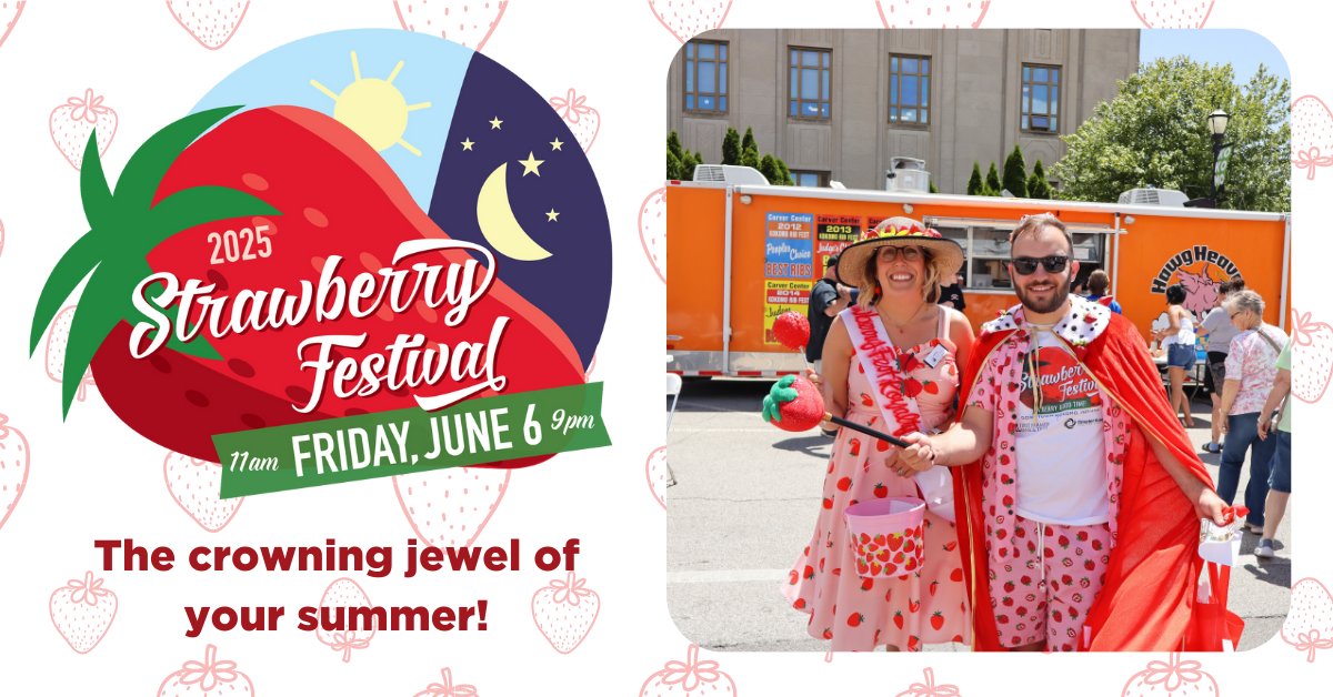 We cordially invite you to join us for the Strawberry Festival tomorrow, which is downtown Kokomo's crowning jewel of the summer! Don your "berry" festive attire, and you might just be dubbed Strawberry Royalty! 🍓
Learn more at kokomostrawberryfestival.com