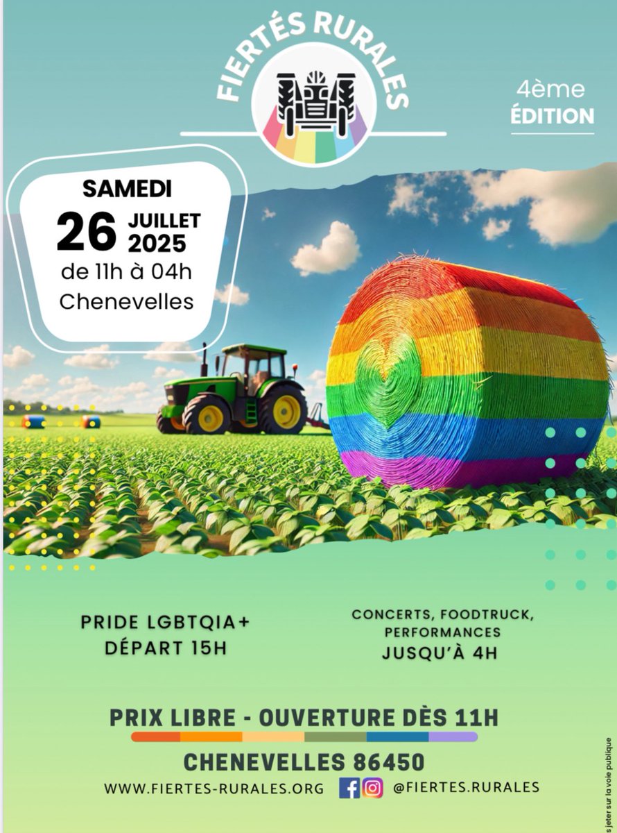 🎉 Fiertés Rurales 2025 🎉
L’unique Pride des campagnes de #France revient pour sa 4e édition ! Merci à tous les bénévoles des <a href="/FiertesRurales/">Fiertés Rurales</a> 

🌾 La ruralité, c’est 88 % du territoire 🇫🇷
🏳️‍🌈 Hétéros, bi, LGBTQIA+ : vous êtes les bienvenu·e·s dans la Vienne à #Chenevelles le 26