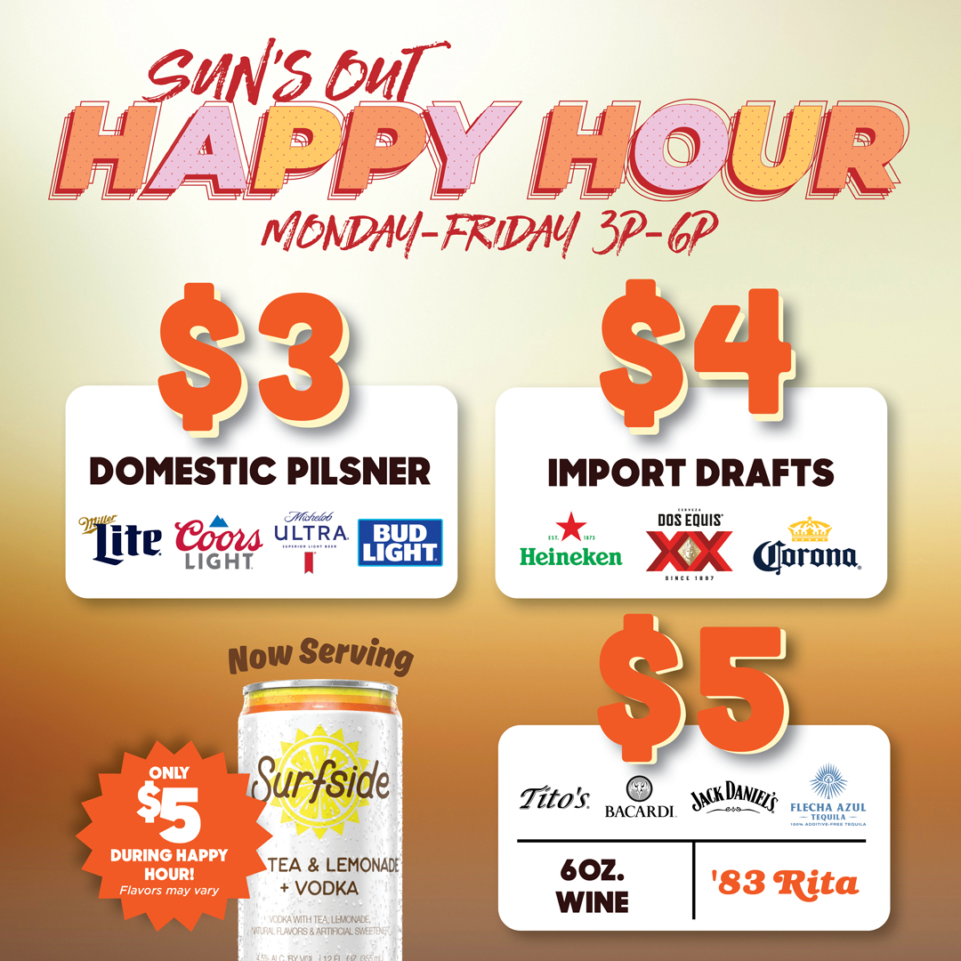 ☀️ Sun’s Out, Happy Hour’s On! 
Join us Monday–Friday from 3–6 PM for unbeatable drink deals: 
🍺 Domestic Pilsners – $3 
🍻 Import Drafts – $4 
🍷 Wine, Spirits &amp; Surfside Vodka – $5 
Cheers to summer in the sunshine state! 🍹