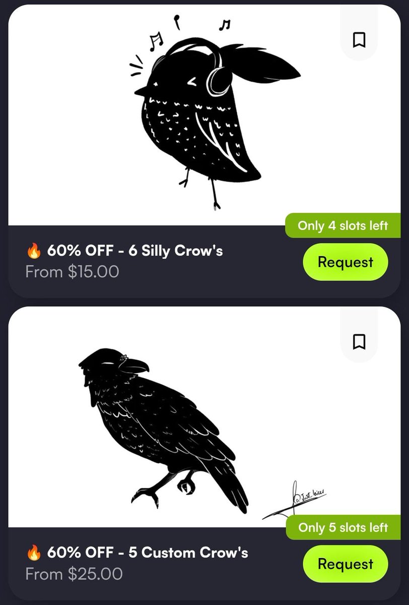 🔥 ON SALE 50% or more OFF
--------------Take one while you still can-----------------
5 $30 Furry Slots
4 $25 Anime like Slots
4 $15 Silly crows (x6) Slots
5 $20 Custom Crows (x5) Slots

vgen.co/just_leicer
#commissions #VGenComm #art