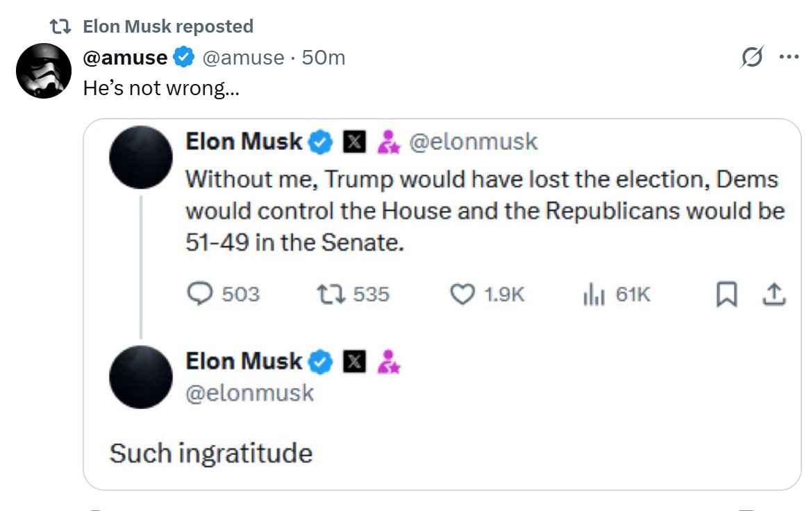LincolnSquareHQ's tweet photo. Elon Musk says Trump is ungrateful and that without his help, Trump would've lost the election and Dems would control the house. 
Hey Elon, what else do you want to tell us about the election? https://t.co/uk5xVRnTJZ