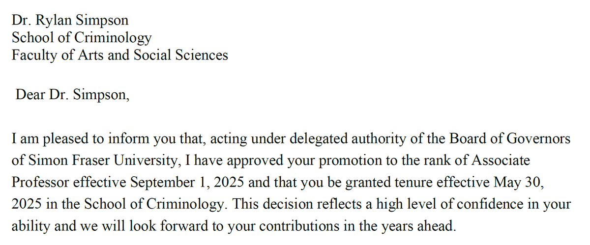 Rylan Simpson (@rylan_simpson) on Twitter photo It is with great excitement and tremendous pride that I share that I have been awarded #tenure and #promotion in the School of Criminology at <a href="/SFU/">Simon Fraser University</a>.
To my students, colleagues, mentors, and role models: thank you for inspiring me and helping me to get to where I am today! It is with great excitement and tremendous pride that I share that I have been awarded #tenure and #promotion in the School of Criminology at <a href="/SFU/">Simon Fraser University</a>.
To my students, colleagues, mentors, and role models: thank you for inspiring me and helping me to get to where I am today!