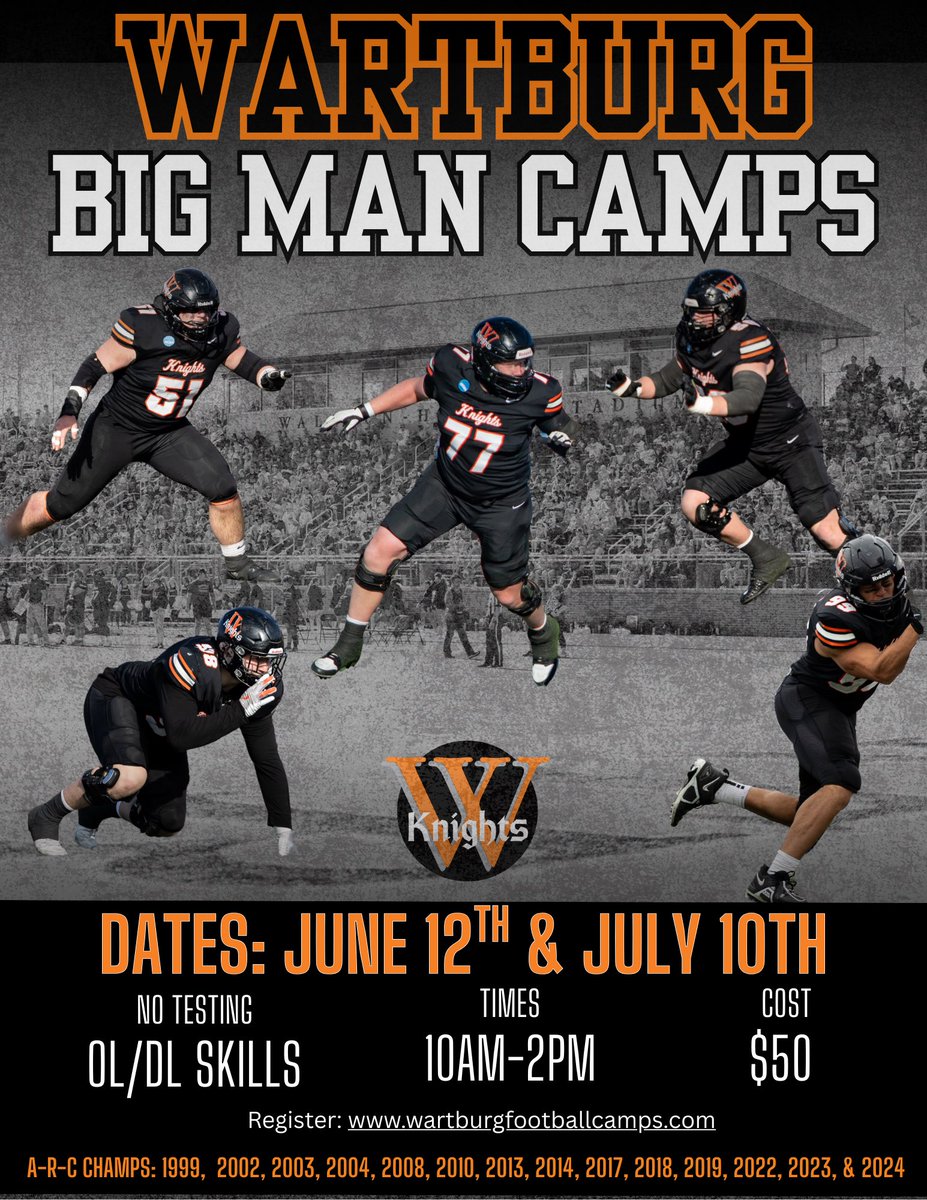 Ethan Lape (@coach_lape_) on Twitter photo We are one week out from our Big Man Fundamental Camp. Great camp that has no testing involved! Get the pads on and come out and get better at Wartburg College. <a href="/WartburgFB/">Wartburg Football</a> <a href="/Luke_Summers1/">Luke Summers</a>
Register at: Wartburgfootballcamps.com We are one week out from our Big Man Fundamental Camp. Great camp that has no testing involved! Get the pads on and come out and get better at Wartburg College. <a href="/WartburgFB/">Wartburg Football</a> <a href="/Luke_Summers1/">Luke Summers</a>
Register at: Wartburgfootballcamps.com