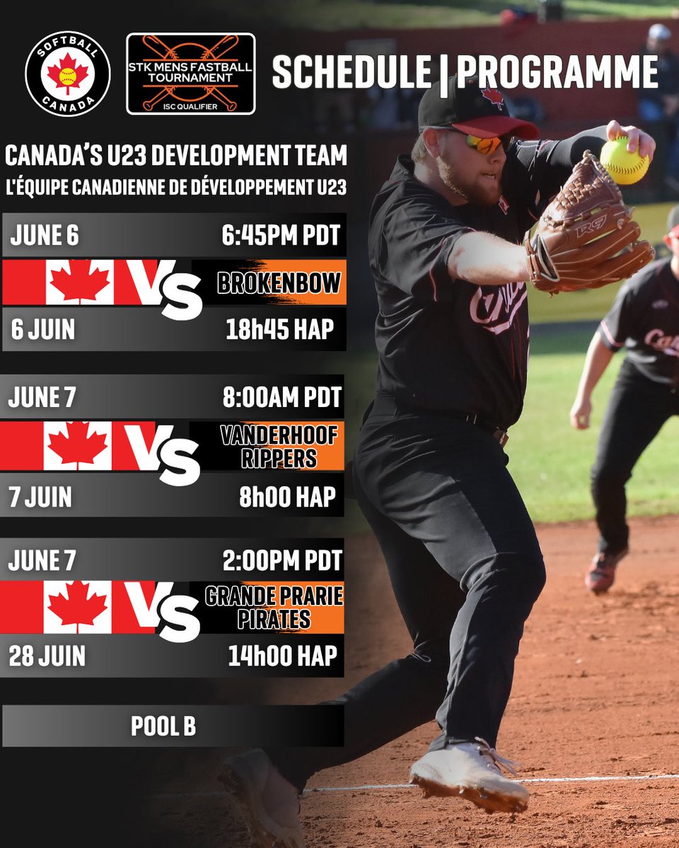 🗓️Schedule Is Set!

Canada’s U23 Men’s Development Team is ready to take the field tomorrow at the STK Fastball Tournament in Kamloops, B.C.🇨🇦
 
🗓️L’horaire est confirmé!

L’équipe masculine de développement U23 du Canada est prête à prendre le terrain demain au tournoi de balle