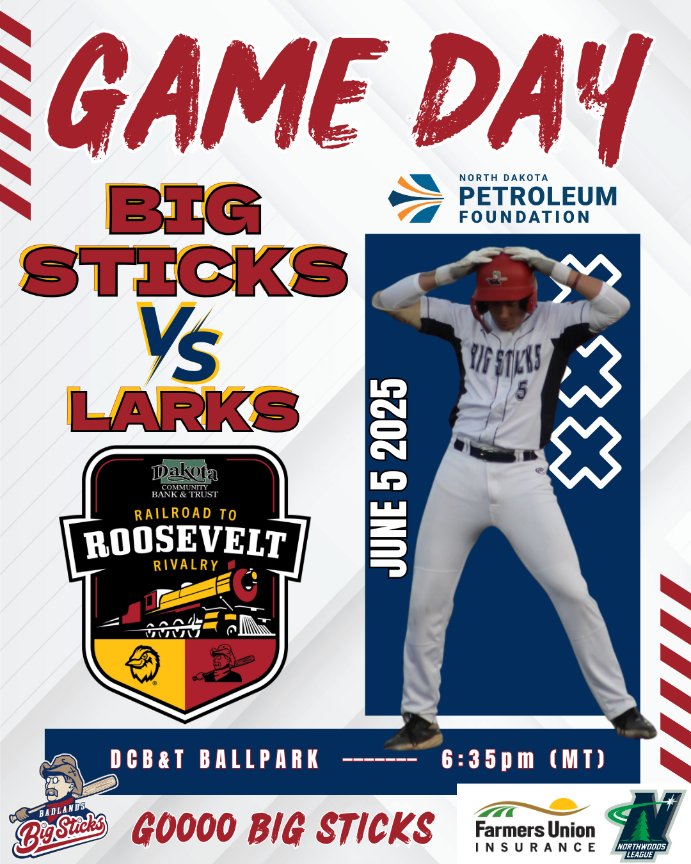 BadlandsBigStix's tweet photo. TONIGHT we kick off the second homestand of the season when the @bismarcklarks come to town to start the Railroad to Roosevelt Rivalry Series sponsored DCB&amp;T!  
📅 June 5 
📷 6:35 PM (MT) 
📷 https://t.co/wINe80wEbE 
📷 Northwoods League + 💻 https://t.co/uUMw2N3U6o
