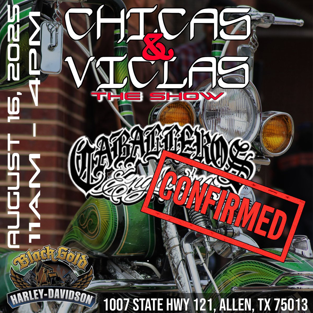 LugnutsGuapo's tweet photo. @caballeros_engraving will be at Chicas&amp;Viclas this August 16th! 
CHICAS &amp; VICLAS “The Show” this August 16th at @blackgoldharleydavidson from 11am-4pm!! After Party @brasstapallen  from 4:30pm till close!!
Pre meet @halesspeedshopclothing on August 15th 5pm-8pm #harleydavidson https://t.co/PfPLgShFz1