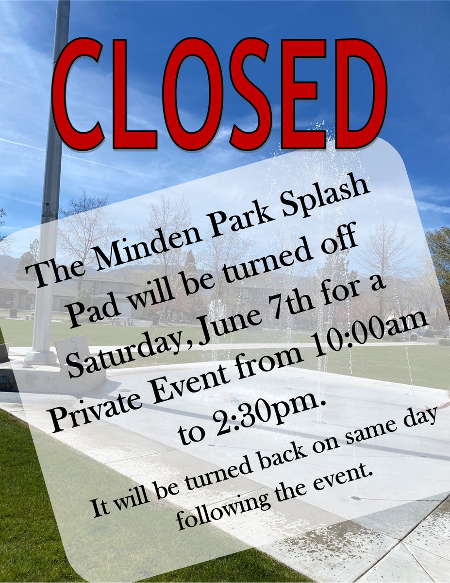 The Minden Park Splash Pad will be turned off Saturday, June 7th for a Private Event from 10:00am to 2:30pm.
It will be turned back on same day following the event.
Westwood Park Splash Pad will remain open.