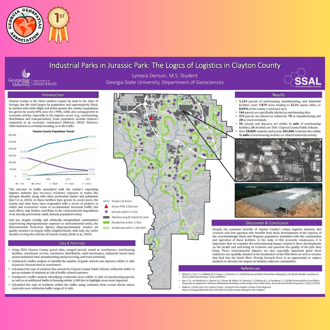 IT'S A THREE-PEAT!!! 🏆🏆🏆

A HUGE CONGRATS goes to GEOS M.S. student Lynesia Denson for winning 1st Place in the Georgia Geospatial Association's 2025 Student Map Competition, the third-straight student from our department to win the award! 

…tion-2025-gageospatial.hub.arcgis.com