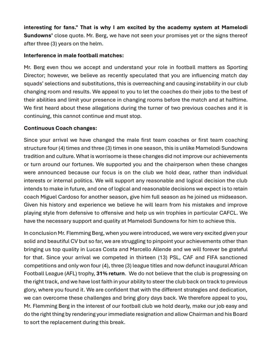 Sundowns Online Branch (@msfc__) on Twitter photo Open Letter to Our Sporting Director, Mr. Flemming Berg (<a href="/BergMasandawana/">Flemming Berg</a>), from the Mamelodi Sundowns Online Branch
We are tired of losing cup finals under your leadership. It cannot be normal that before you joined our team, no club in Africa wanted to face us in any cup final Open Letter to Our Sporting Director, Mr. Flemming Berg (<a href="/BergMasandawana/">Flemming Berg</a>), from the Mamelodi Sundowns Online Branch
We are tired of losing cup finals under your leadership. It cannot be normal that before you joined our team, no club in Africa wanted to face us in any cup final