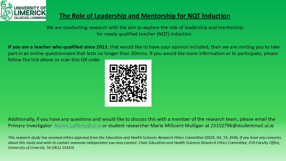 Calling all teachers who have qualified since 2013 - please participate, share, and support this research by one of our MESL students. QR code below and link here: unioflimerick.eu.qualtrics.com/jfe/form/SV_06…