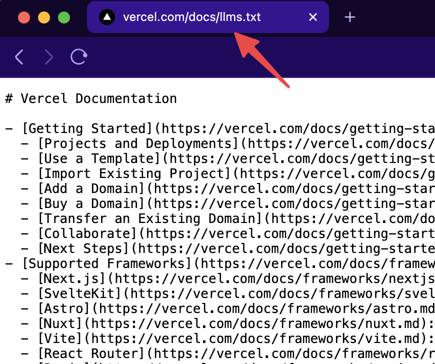 leerob's tweet image. vercel.com/docs/llms.txt is now live 🤖
We also have the full version if you want to read a 400,000 word novel.
This also means you can drop .md on the end of any docs link.