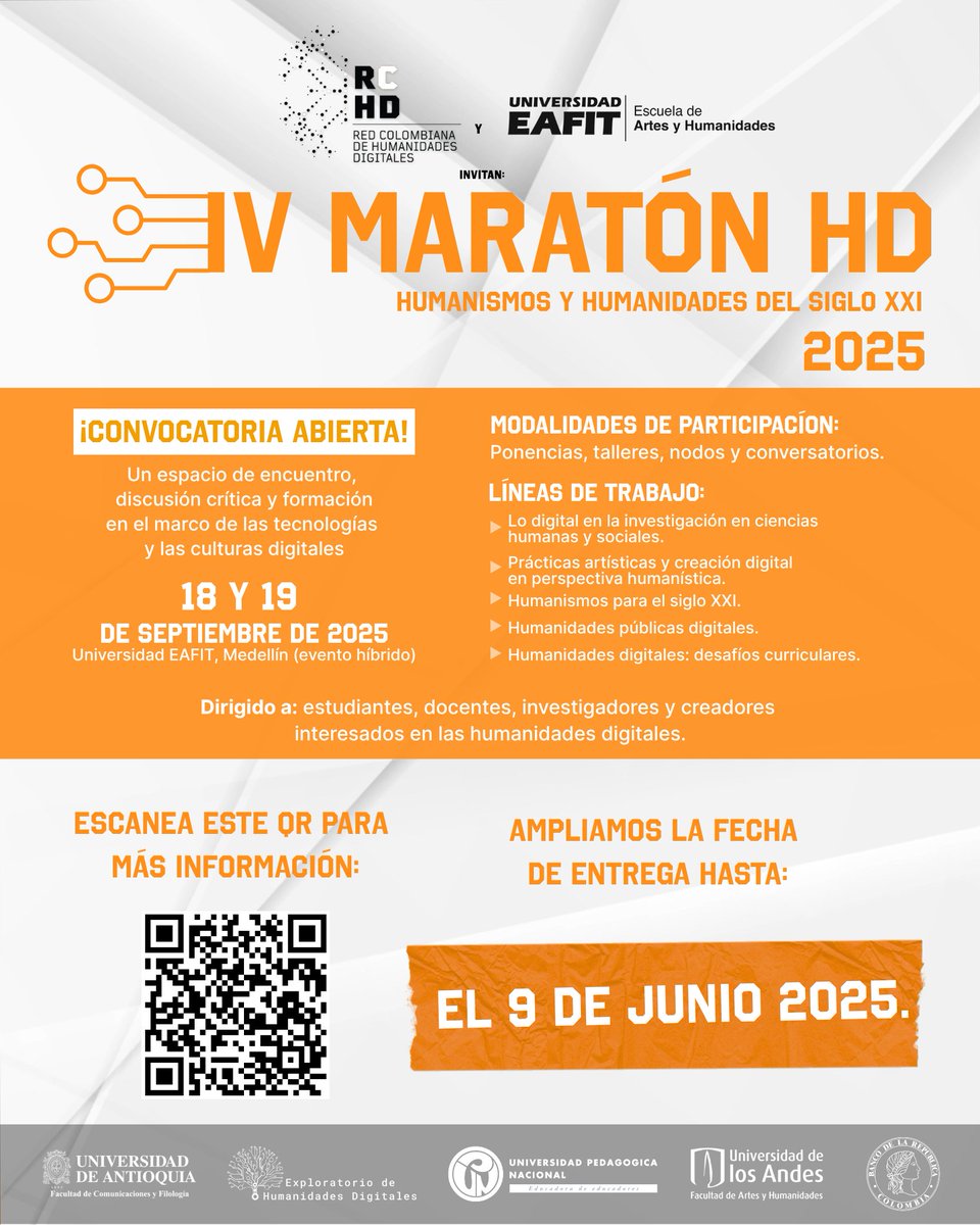 📢 ¡Ampliamos el plazo! Tienes hasta el 09 de junio para enviar tu propuesta a la #MaratónHD2025 🗓️
Un evento abierto y colaborativo sobre #HumanidadesDigitales en 🇨🇴
Consulta la convocatoria y postúlate aquí 👉 rchd.com.co/assets/maraton…
En alianza con la <a href="/ReHDi_Co/">Red Colombiana de Humanidades Digitales</a>