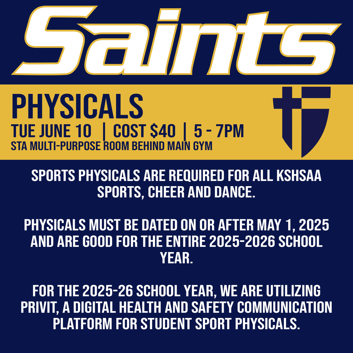 Saint Thomas Aquinas will be offering on-site physicals for the 2025-26 school year on Tuesday June 10 from 5:00- 7:00PM in the multipurpose room behind the main gym.   The cost is $40.  We are utilizing Privit, a digital health and safety communication platform for student sport