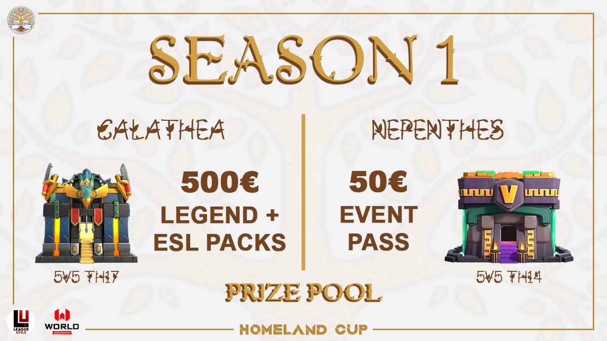 Homeland Cup (@homelandcup) on Twitter photo Welcome to HOMELAND CUP SEASON ONE!!!
⚔️ 2 divisions
Calathea TH17:
💰 500€
🛠️ Esl + Legend Packs by <a href="/WBBofficiel/">World Base Building</a>
Nepenthes TH14:
💰 50€
🏷️ Event Pass
👉 More information:
discord.gg/G4GMKYGbe3 Welcome to HOMELAND CUP SEASON ONE!!!
⚔️ 2 divisions
Calathea TH17:
💰 500€
🛠️ Esl + Legend Packs by <a href="/WBBofficiel/">World Base Building</a>
Nepenthes TH14:
💰 50€
🏷️ Event Pass
👉 More information:
discord.gg/G4GMKYGbe3