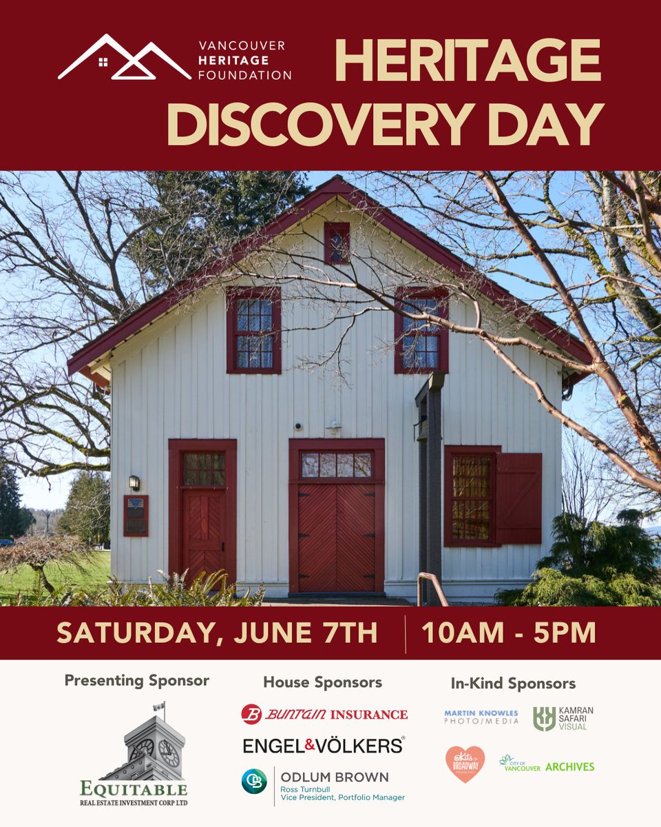 It's the LAST DAY to buy Heritage Discovery Day tickets‼️

From a 1912 Craftsman, a 1908 Early Vernacular Style home, to a beloved community site, the oldest non-Indigenous building still standing in Vancouver, explore Kitsilano this weekend!

Tickets: tickettailor.com/events/vancouv…