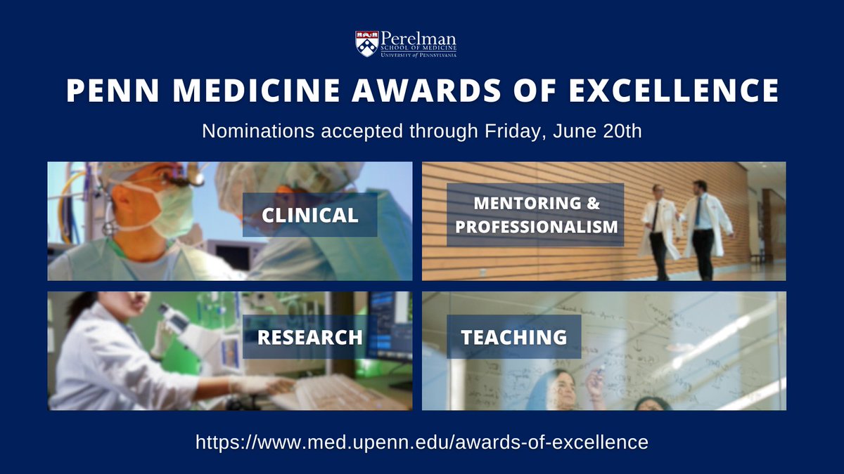 Penn Medicine CSO (@pennmedcso) on Twitter photo #ICYMI: Nominations for the <a href="/PennMedicine/">Penn Medicine</a> Awards of Excellence, which recognize our faculty's exceptional achievements in mentoring, professionalism, research & clinical work, are open through Friday, 6/20! Learn more➡️ bit.ly/3yAaduR #PSOMAOE #ICYMI: Nominations for the <a href="/PennMedicine/">Penn Medicine</a> Awards of Excellence, which recognize our faculty's exceptional achievements in mentoring, professionalism, research & clinical work, are open through Friday, 6/20! Learn more➡️ bit.ly/3yAaduR #PSOMAOE