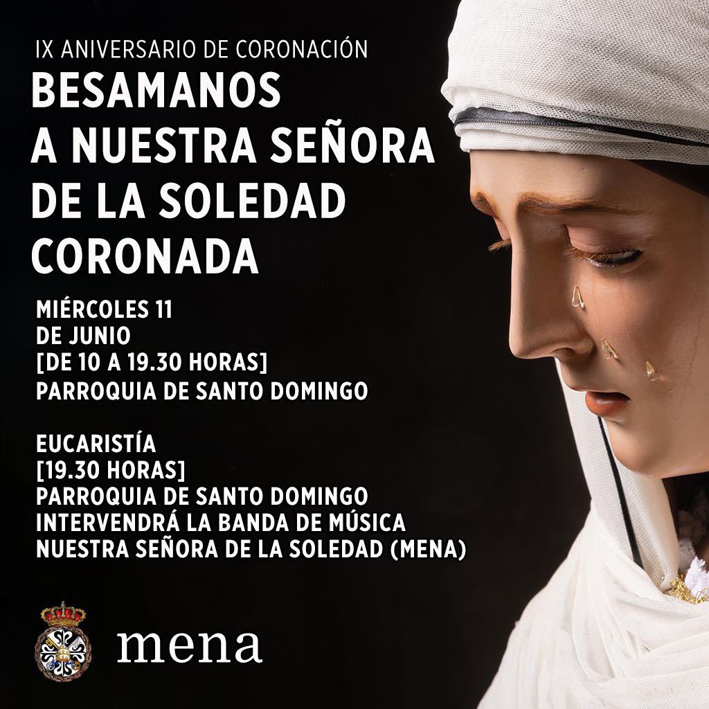 Nuestra Señora de la Soledad Coronada estará expuesta en besamanos el próximo 11 de junio por el IX aniversario de su coronación canónica.  

#CofradiasMLG