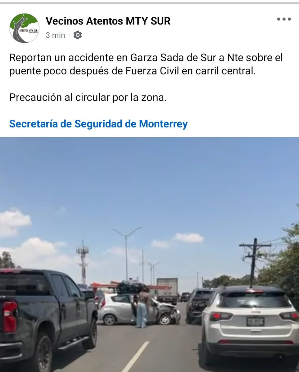 Atentos Mty Sur ¡vecinos en acción! (@atentosmtysur) on Twitter photo Reportan un accidente en Garza Sada de Sur a Nte sobre el puente poco después de Fuerza Civil en carril central.
Precaución al circular por la zona.
<a href="/seguridadmtymx/">Seguridad y Protección a la Ciudadanía Monterrey</a> Reportan un accidente en Garza Sada de Sur a Nte sobre el puente poco después de Fuerza Civil en carril central.
Precaución al circular por la zona.
<a href="/seguridadmtymx/">Seguridad y Protección a la Ciudadanía Monterrey</a>